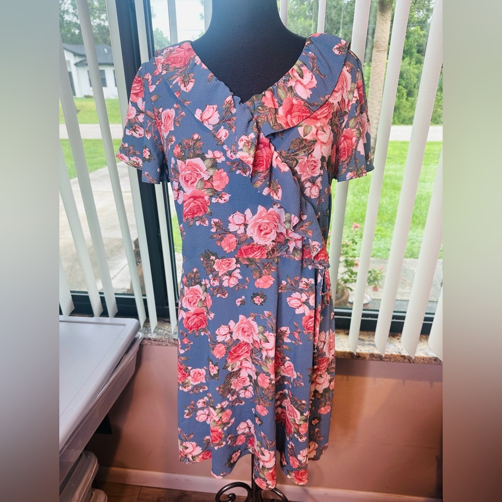 AGB Pink Blue Floral Ruffled V-Neck Midi Cottagecore Dress Size 14